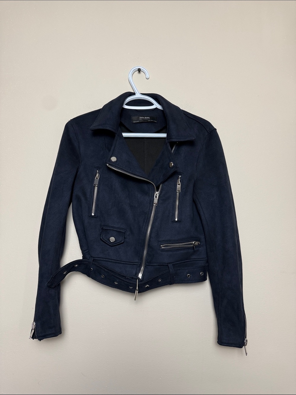 Zara Navy Suede Moto Jacket with Silver Zippers size S